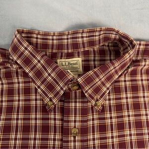 L.L. Bean Men's Burgundy and Cream Plaid Button-Down Shirt